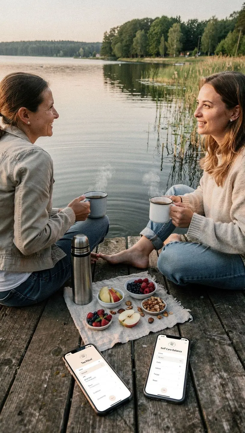 Arbatos puodelis ant stalo šalia sveikos mitybos dienos plano. Arbatos lapeliai ir termosas, simbolizuojantys kasdienės arbatos rutinos integravimą. Žmogus ramiai mėgaujasi arbata, pabrėždamas komfortą ir pusiausvyrą. Planuotojas su arbatos gėrimo grafiku, padedantis tvarkyti sveiką dienos ritmą. Arbatos rinkinys su skirtingų rūšių arbatomis, skirtas kasdieniam pasirinkimui. Rytinė arbatos ceremonija kaip dalis sveikos dienos pradžios. Arbatos puodelis ir atviras dienoraštis, skatinantys sąmoningą poilsį ir balansą. Ekranas su arbatos gėrimo priminimais, padedančiais išlaikyti reguliarią rutiną.