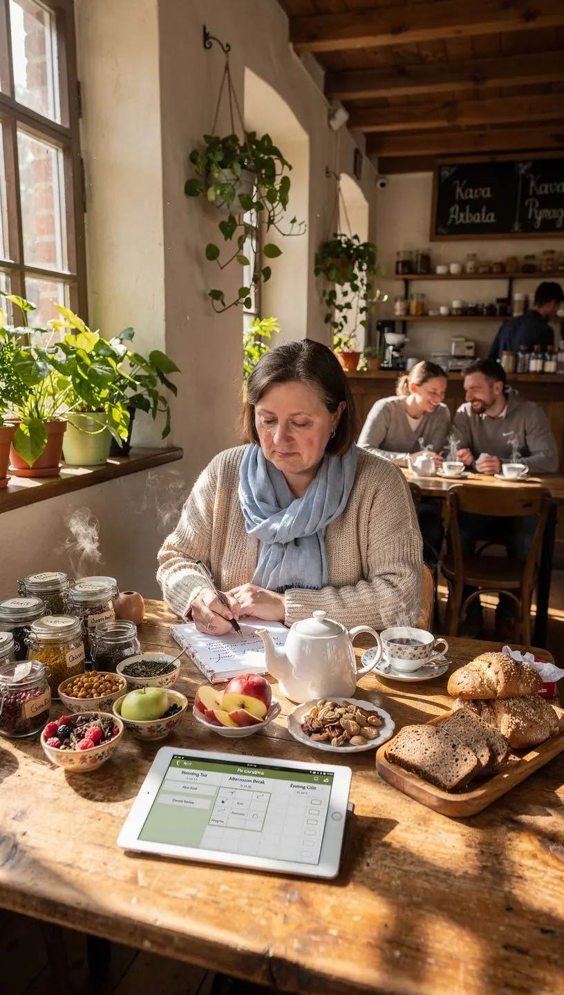 Arbatos puodelis ant stalo šalia sveikos mitybos dienos plano. Arbatos lapeliai ir termosas, simbolizuojantys kasdienės arbatos rutinos integravimą. Žmogus ramiai mėgaujasi arbata, pabrėždamas komfortą ir pusiausvyrą. Planuotojas su arbatos gėrimo grafiku, padedantis tvarkyti sveiką dienos ritmą. Arbatos rinkinys su skirtingų rūšių arbatomis, skirtas kasdieniam pasirinkimui. Rytinė arbatos ceremonija kaip dalis sveikos dienos pradžios. Arbatos puodelis ir atviras dienoraštis, skatinantys sąmoningą poilsį ir balansą. Ekranas su arbatos gėrimo priminimais, padedančiais išlaikyti reguliarią rutiną.