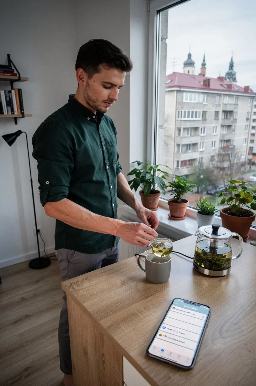 Arbatos puodelis ant stalo šalia sveikos mitybos dienos plano. Arbatos lapeliai ir termosas, simbolizuojantys kasdienės arbatos rutinos integravimą. Žmogus ramiai mėgaujasi arbata, pabrėždamas komfortą ir pusiausvyrą. Planuotojas su arbatos gėrimo grafiku, padedantis tvarkyti sveiką dienos ritmą. Arbatos rinkinys su skirtingų rūšių arbatomis, skirtas kasdieniam pasirinkimui. Rytinė arbatos ceremonija kaip dalis sveikos dienos pradžios. Arbatos puodelis ir atviras dienoraštis, skatinantys sąmoningą poilsį ir balansą. Ekranas su arbatos gėrimo priminimais, padedančiais išlaikyti reguliarią rutiną.
