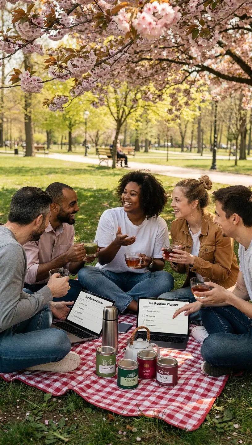 Arbatos puodelis ant stalo šalia sveikos mitybos dienos plano. Arbatos lapeliai ir termosas, simbolizuojantys kasdienės arbatos rutinos integravimą. Žmogus ramiai mėgaujasi arbata, pabrėždamas komfortą ir pusiausvyrą. Planuotojas su arbatos gėrimo grafiku, padedantis tvarkyti sveiką dienos ritmą. Arbatos rinkinys su skirtingų rūšių arbatomis, skirtas kasdieniam pasirinkimui. Rytinė arbatos ceremonija kaip dalis sveikos dienos pradžios. Arbatos puodelis ir atviras dienoraštis, skatinantys sąmoningą poilsį ir balansą. Ekranas su arbatos gėrimo priminimais, padedančiais išlaikyti reguliarią rutiną.