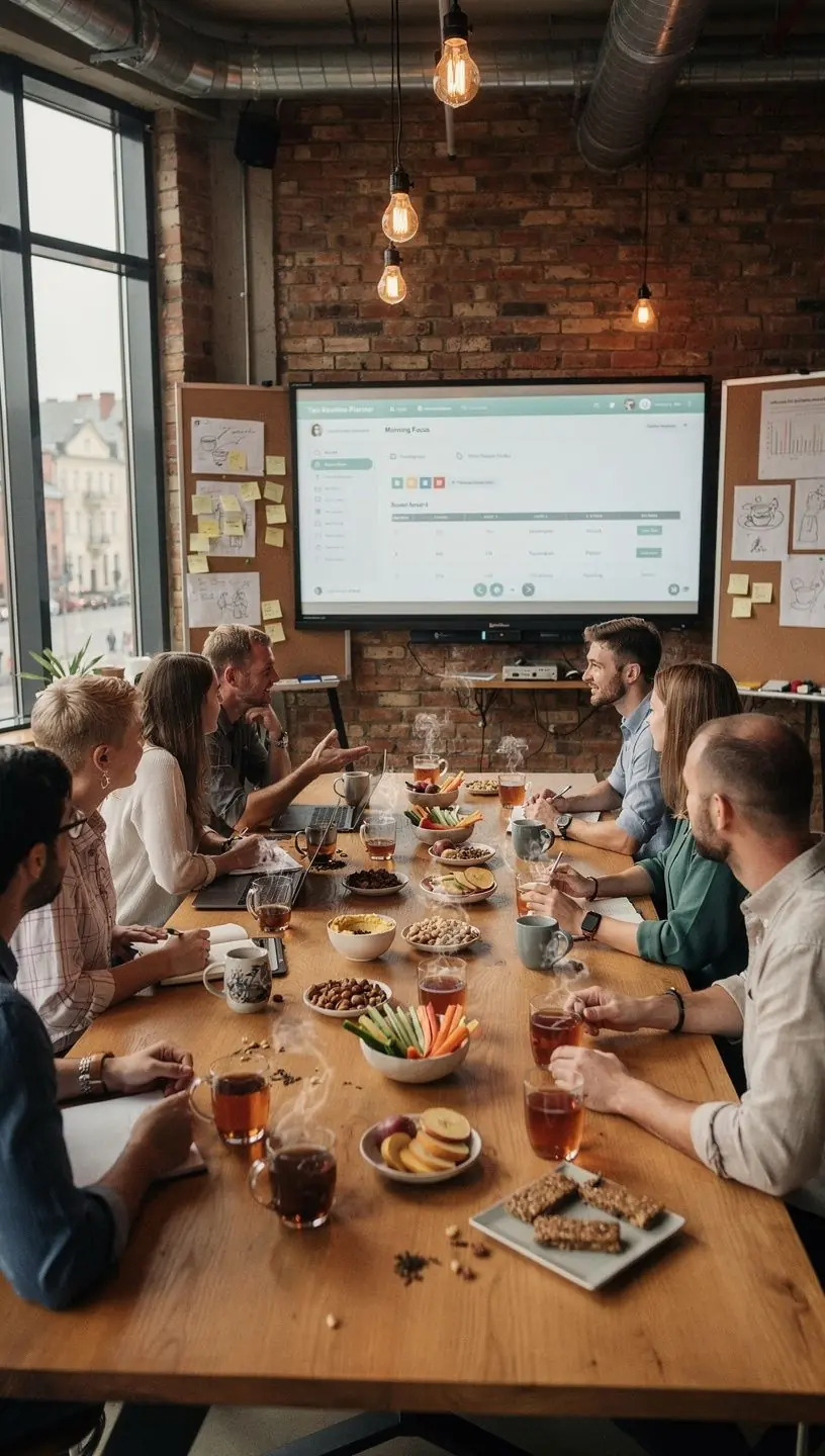 Arbatos puodelis ant stalo šalia sveikos mitybos dienos plano. Arbatos lapeliai ir termosas, simbolizuojantys kasdienės arbatos rutinos integravimą. Žmogus ramiai mėgaujasi arbata, pabrėždamas komfortą ir pusiausvyrą. Planuotojas su arbatos gėrimo grafiku, padedantis tvarkyti sveiką dienos ritmą. Arbatos rinkinys su skirtingų rūšių arbatomis, skirtas kasdieniam pasirinkimui. Rytinė arbatos ceremonija kaip dalis sveikos dienos pradžios. Arbatos puodelis ir atviras dienoraštis, skatinantys sąmoningą poilsį ir balansą. Ekranas su arbatos gėrimo priminimais, padedančiais išlaikyti reguliarią rutiną.